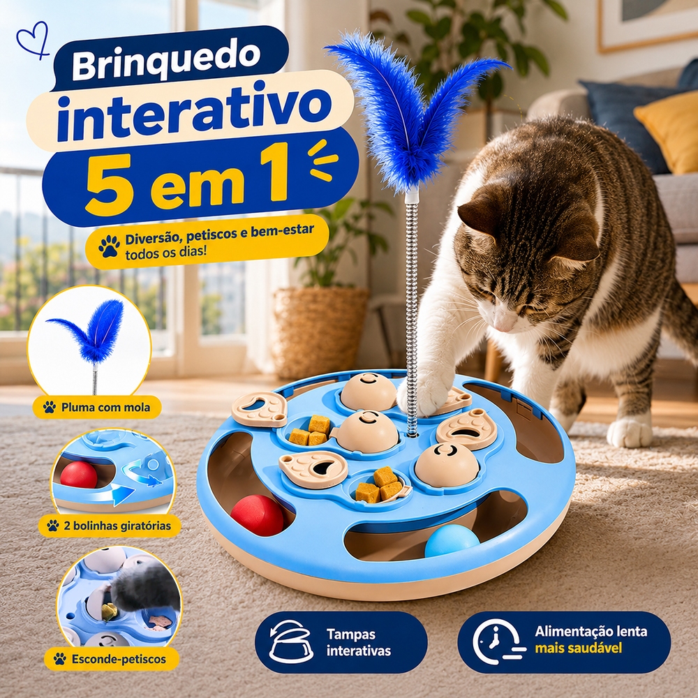 Brinquedo Interativo para Gatos 5 em 1 Com Pena e Bola Rolante Comedouro Lento Inteligente e Dispenser de Petiscos