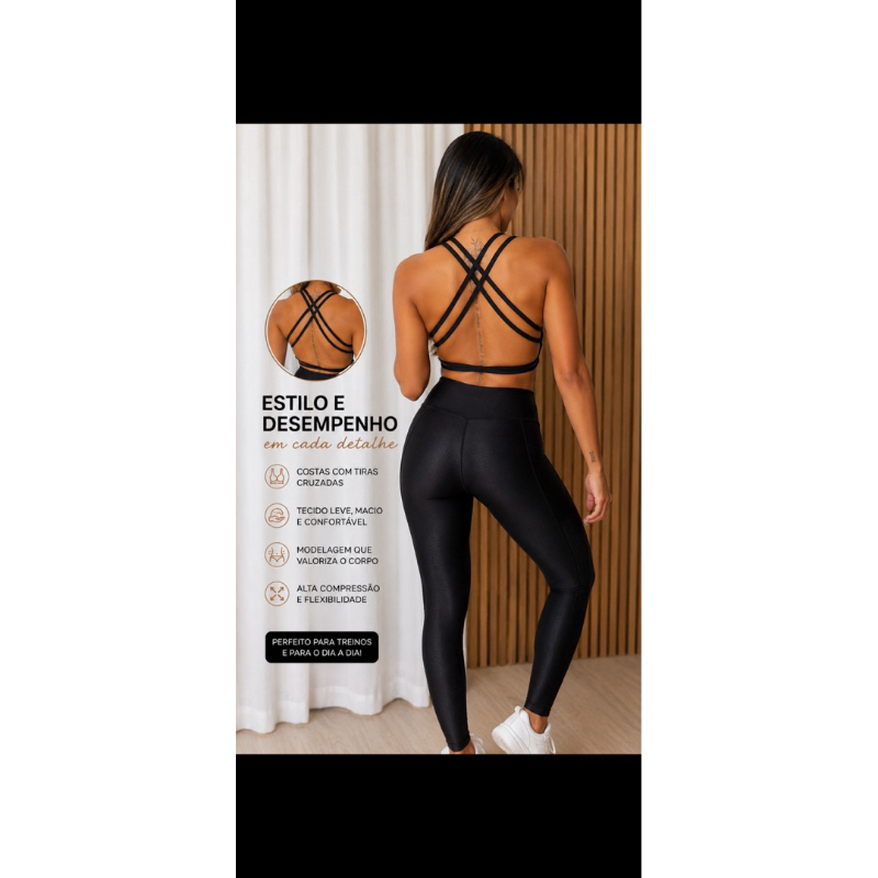 Conjunto Fitness Feminino Canelado Preto Top Costas Cruzadas + Legging Cintura Alta Academia