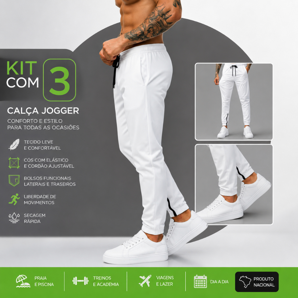 Kit 3 Calças Jogger Tactel Esportiva Masculina com Elastano Treino, Academia Leve Secagem Rápida