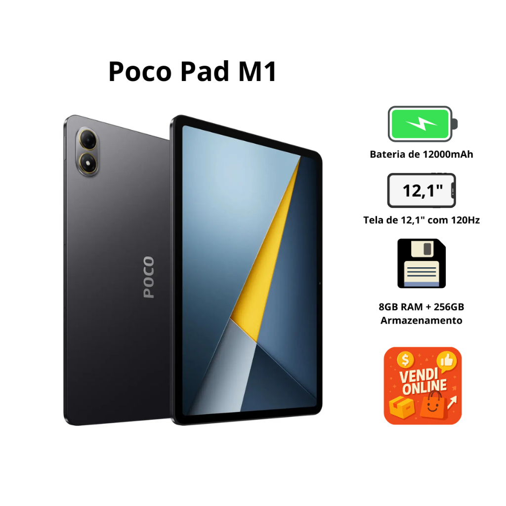 Tablet Xiaomi POCO Pad M1 256GB 8GB RAM Tela 12.1" 2.5K 120Hz Snapdragon 7s Gen 