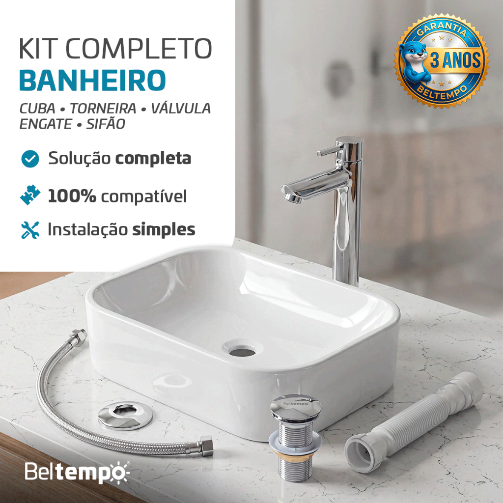 Kit Cuba Apoio Sobrepor 36x27cm Bt-2010 Banheiro Completo Com Torneira Inox Válvula Click Engate Sifão Beltempo