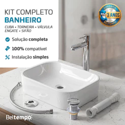 Kit Cuba Banheiro Sobrepor 36x27cm Bt-2010 Completo Com Torneira Inox Válvula Click Engate Sifão Beltempo