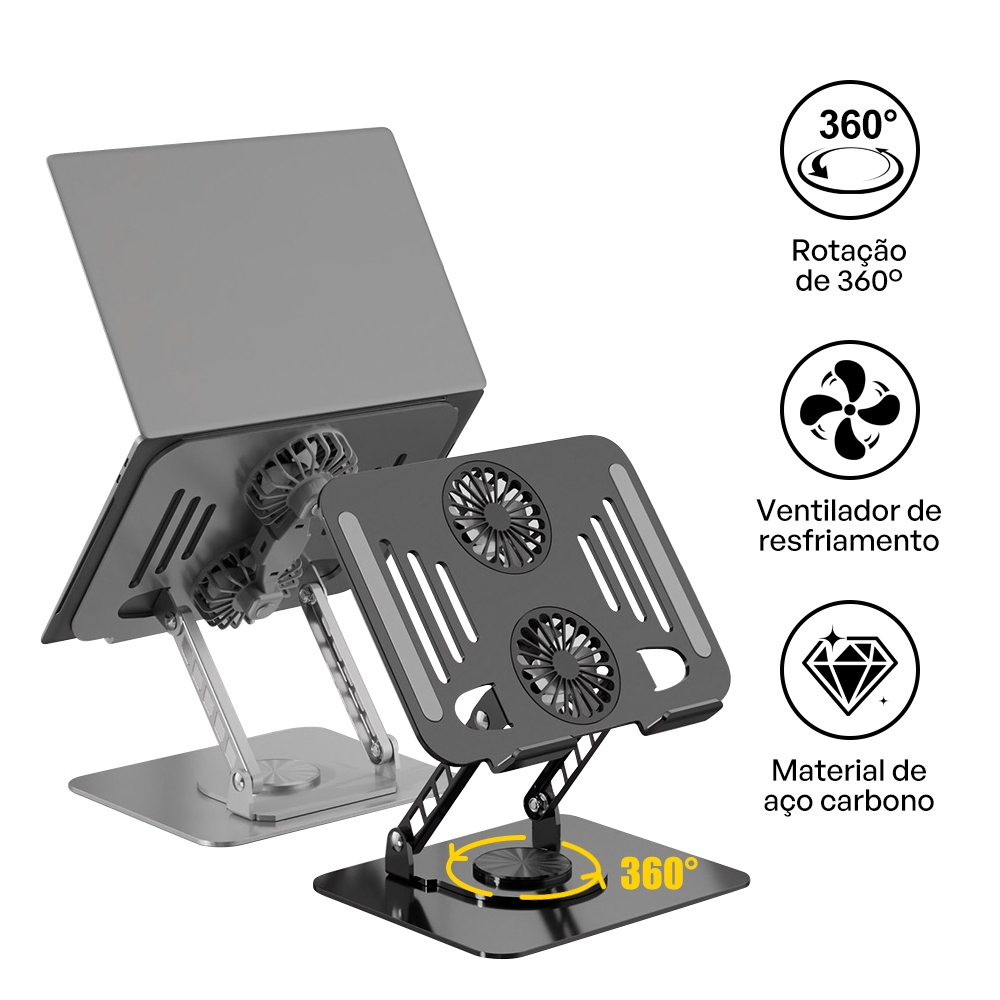Suporte Com 2 Coolers Alumínio Base 360° Macbook Notebook Ajustável 360 com Cool