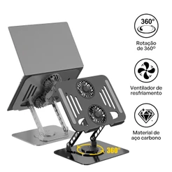 Suporte Com 2 Coolers Alumínio Base 360° Macbook Notebook Ajustável 360 com Cooler Ventoinhas para Ajustável Computador