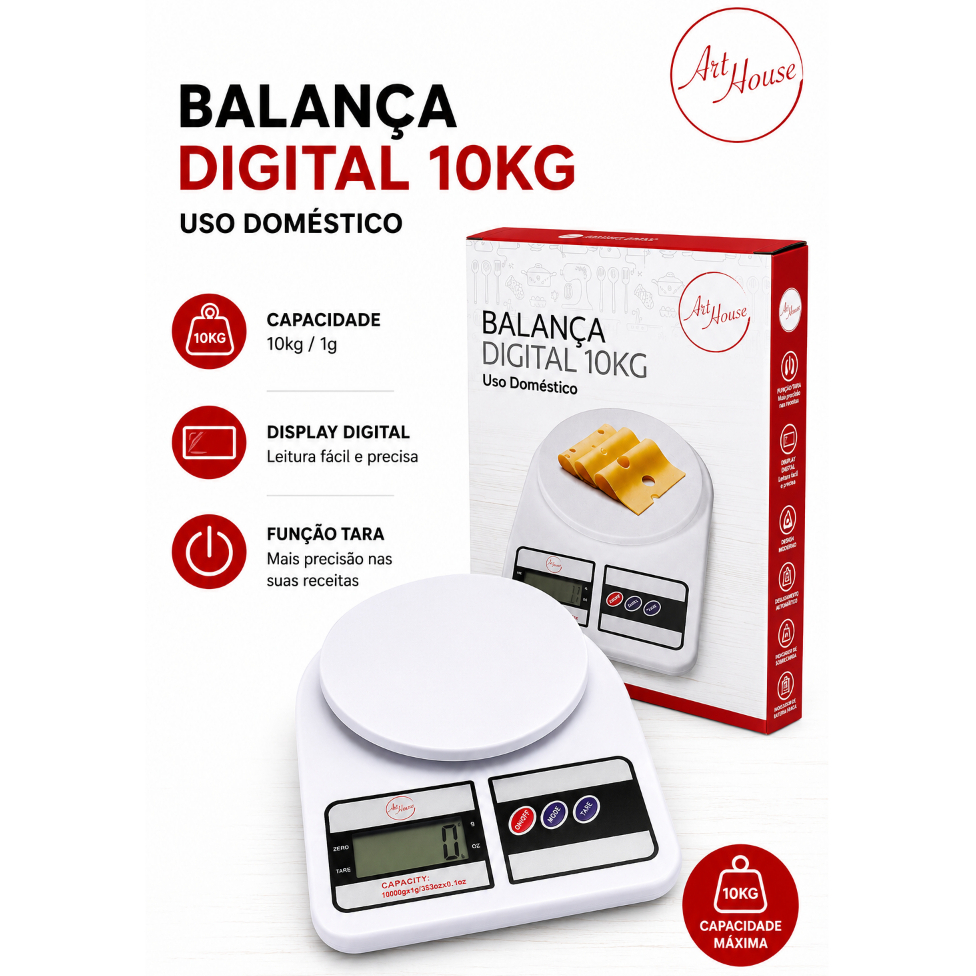Balança de Cozinha Digital 10kg Alta Precisão Branco Confeitaria