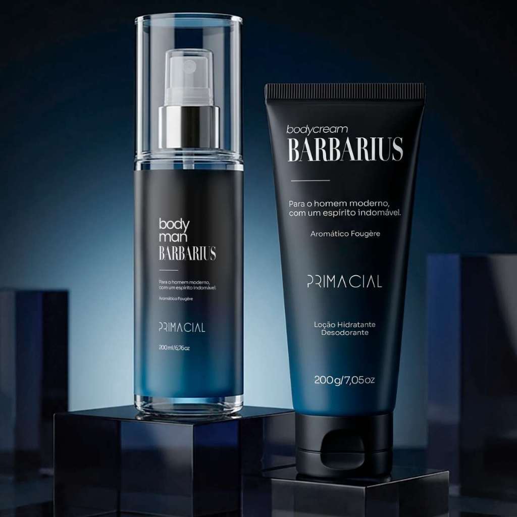 KIT COM BODY SPLASH BARBARIUS + HIDRATANTE DESODORANTE MASCULINO 200G - PRIMACIAL PERFUME AMADEIRADO