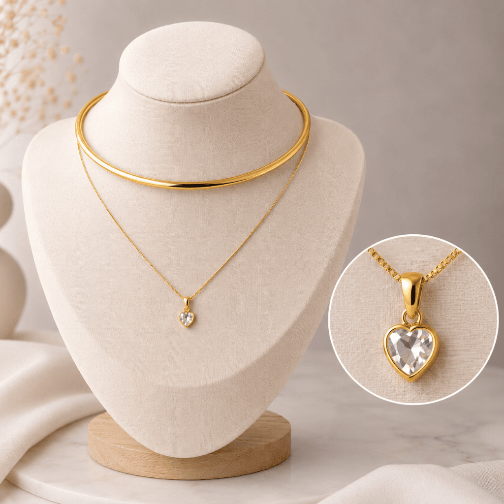 Choker Aro Ajustável + Colar Veneziana 45cm com Extensor e Pingente Coração Zircônia | Folheado Ouro 18K e Prata