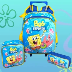 Kit Mochila Infantil Escolar Bob Esponja E Patrick Rodinhas Tam G