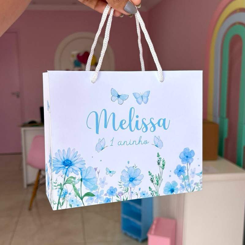 Sacolinha (PEGUE E MONTE) Personalizada Jardim das Borboletas Azul | Lembrancinhas | Aniversário | Sacola Surpresa