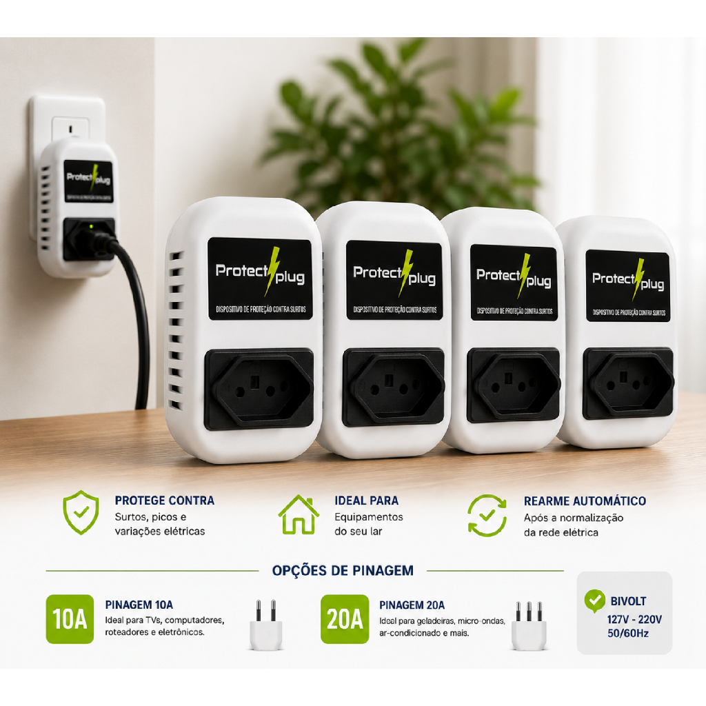 KIT 4 Protectplug Protetor Contra Surtos Elétricos Bivolt 10A e 20A para TV Computador Geladeira e Eletrodomésticos