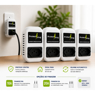 KIT 4 Protectplug  Protetor Contra Surtos Elétricos Bivolt 10A e 20A para TV Computador Geladeira e Eletrodomésticos