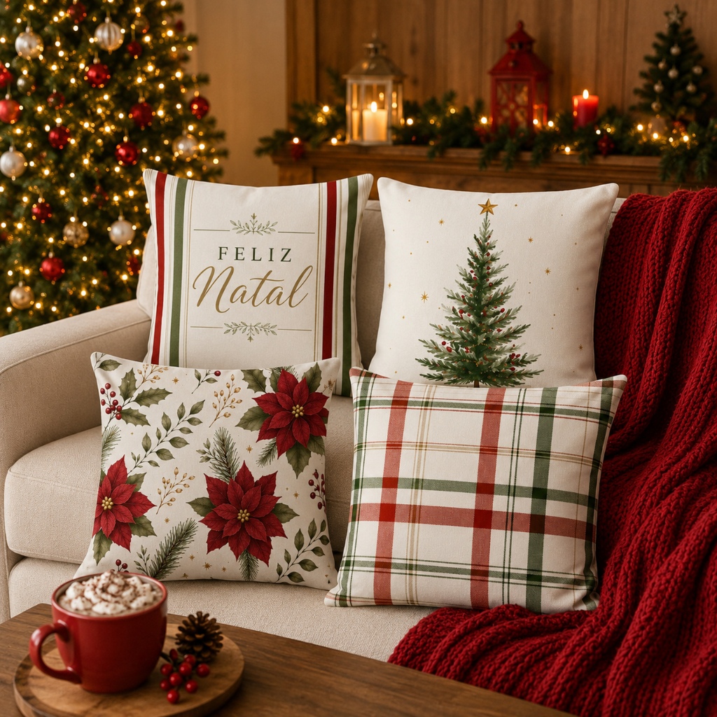 Kit 4 Capas Almofada Digital Decorativa De Natal 43x43 Cm