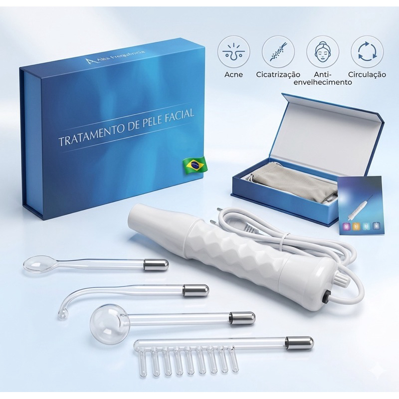 Alta Frequência Portátil Bivolt com 4 Eletrodos Tratamento Facial, Capilar e Limpeza de Pele