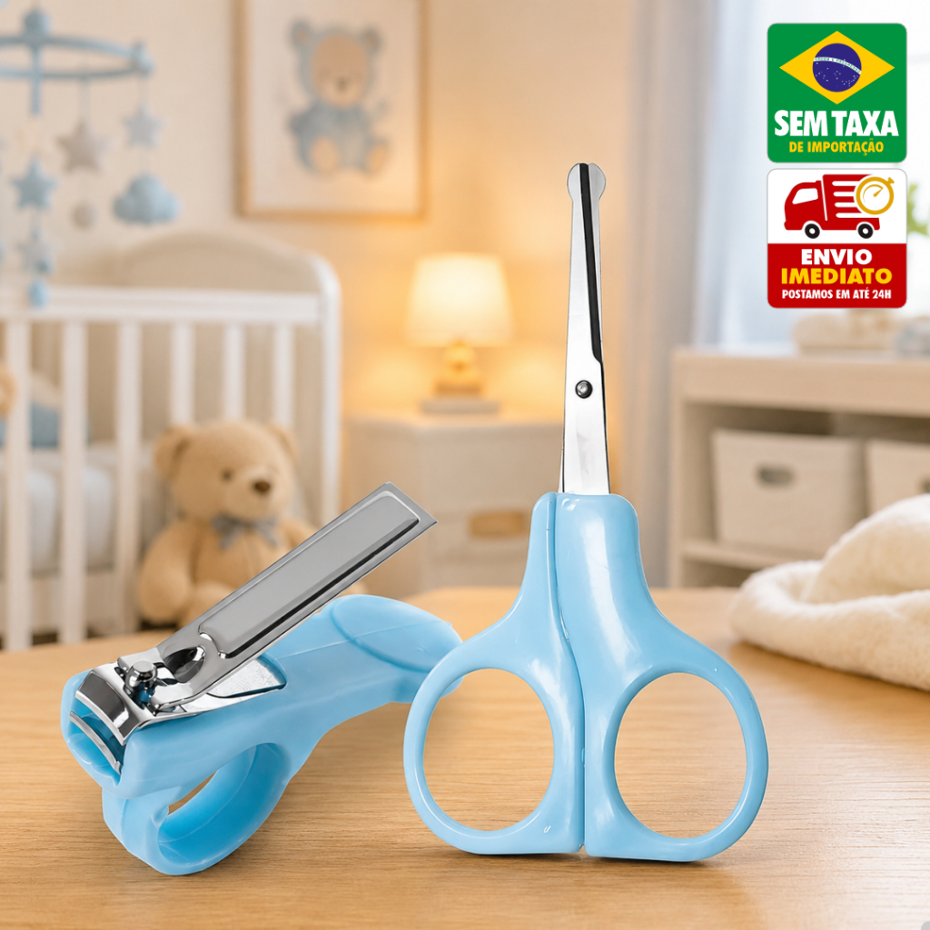 Kit Tesoura e Cortador de Unha para Bebê Baby Rosa Azul Ponta Curva Seguro Higiene Infantil