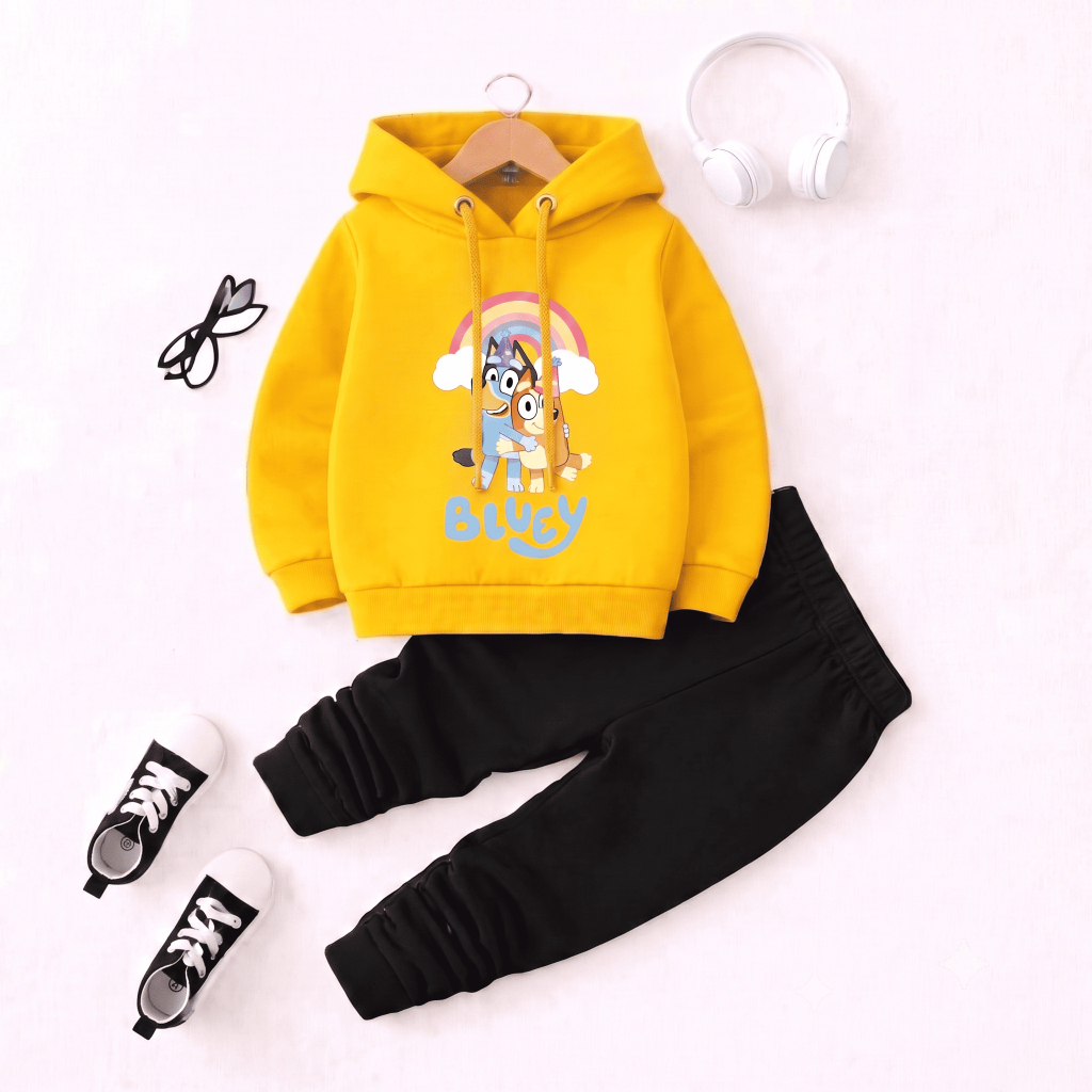 Conjunto Moletom Infantil Estampado Bluey Canguru Algodão Com Capuz Casual Confortável