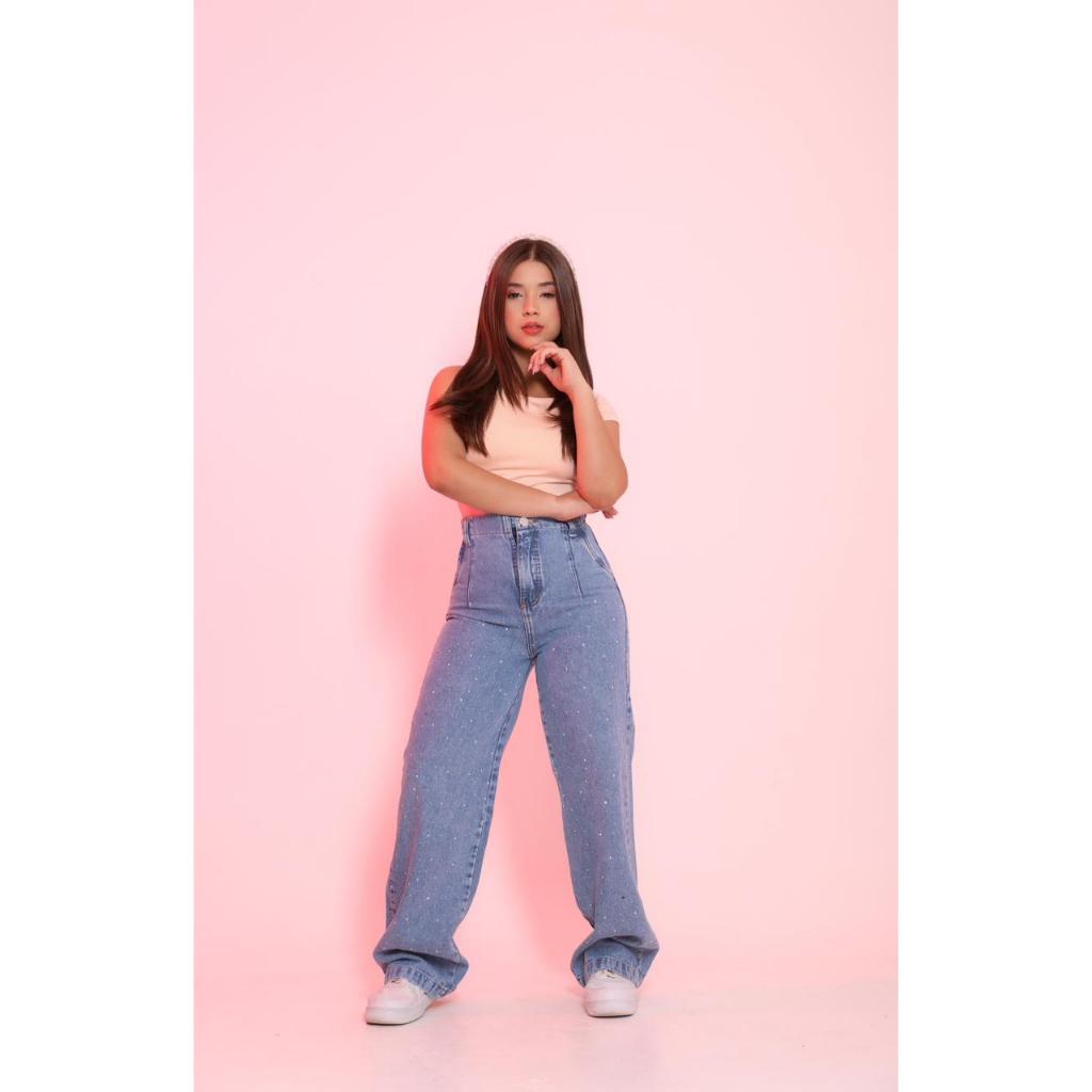 Calça Jeans Feminina Juvenil Wide Leg Com Strass