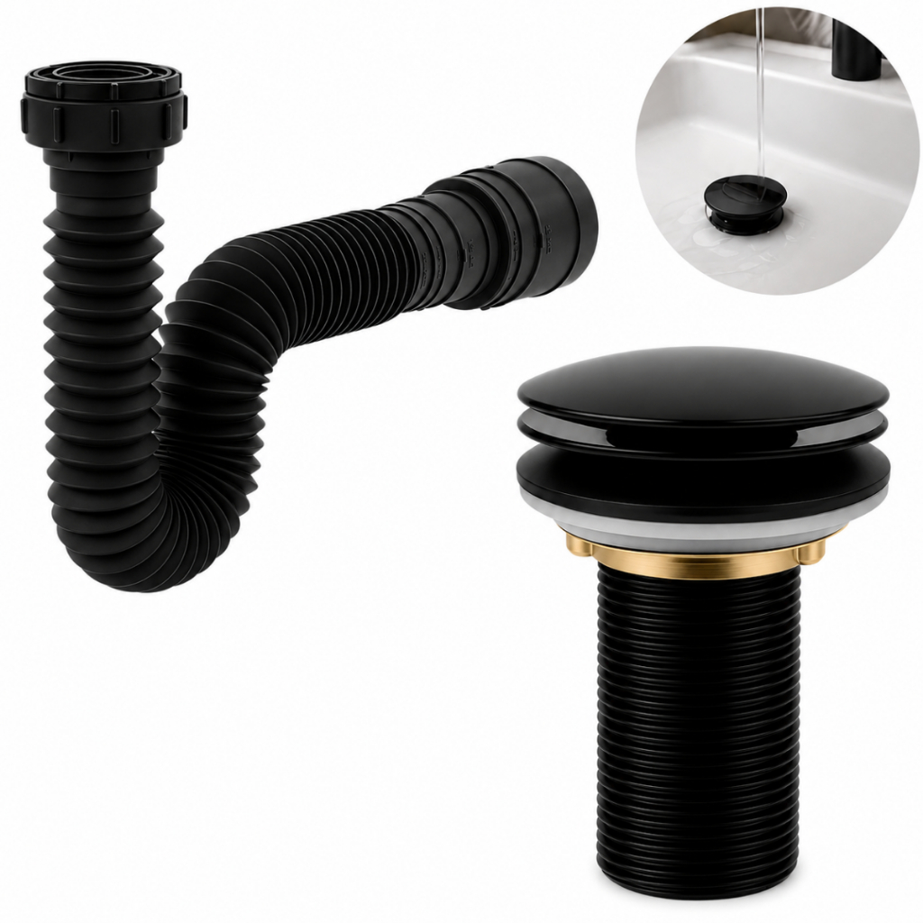 Kit de Banheiro em ABS- Ralo Válvula click 7/8 Preto+ Sifão Flexível Sanfonado Universal