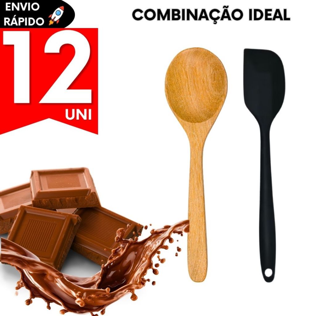 Kit Utensílios de Cozinha Colher de Bambu Espátula de Silicone Talheres Não Risca Panela Não Deixa Restos