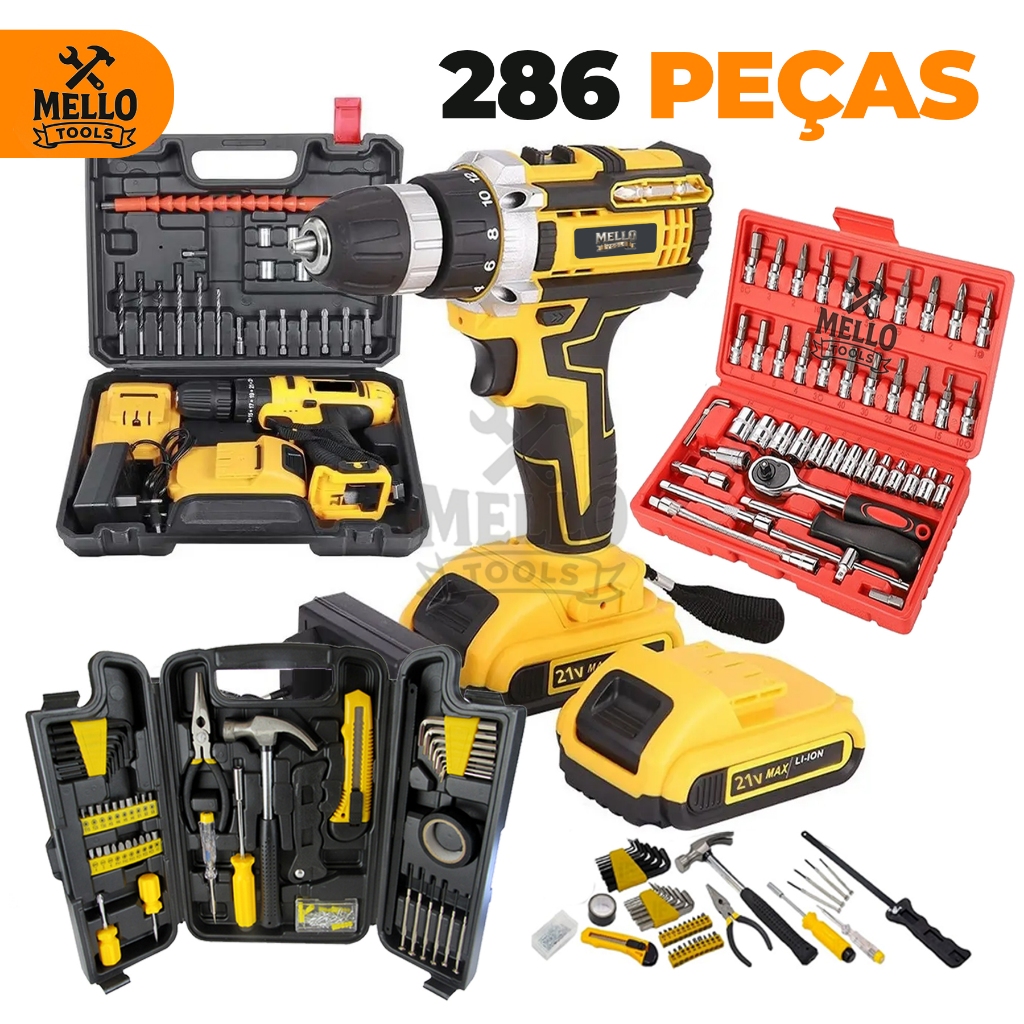 Jogo Kit Ferramentas 255 Peças com Parafusadeira/Furadeira 21V Sem Fio + Jogo de Soquete e Maleta Completa Profissional