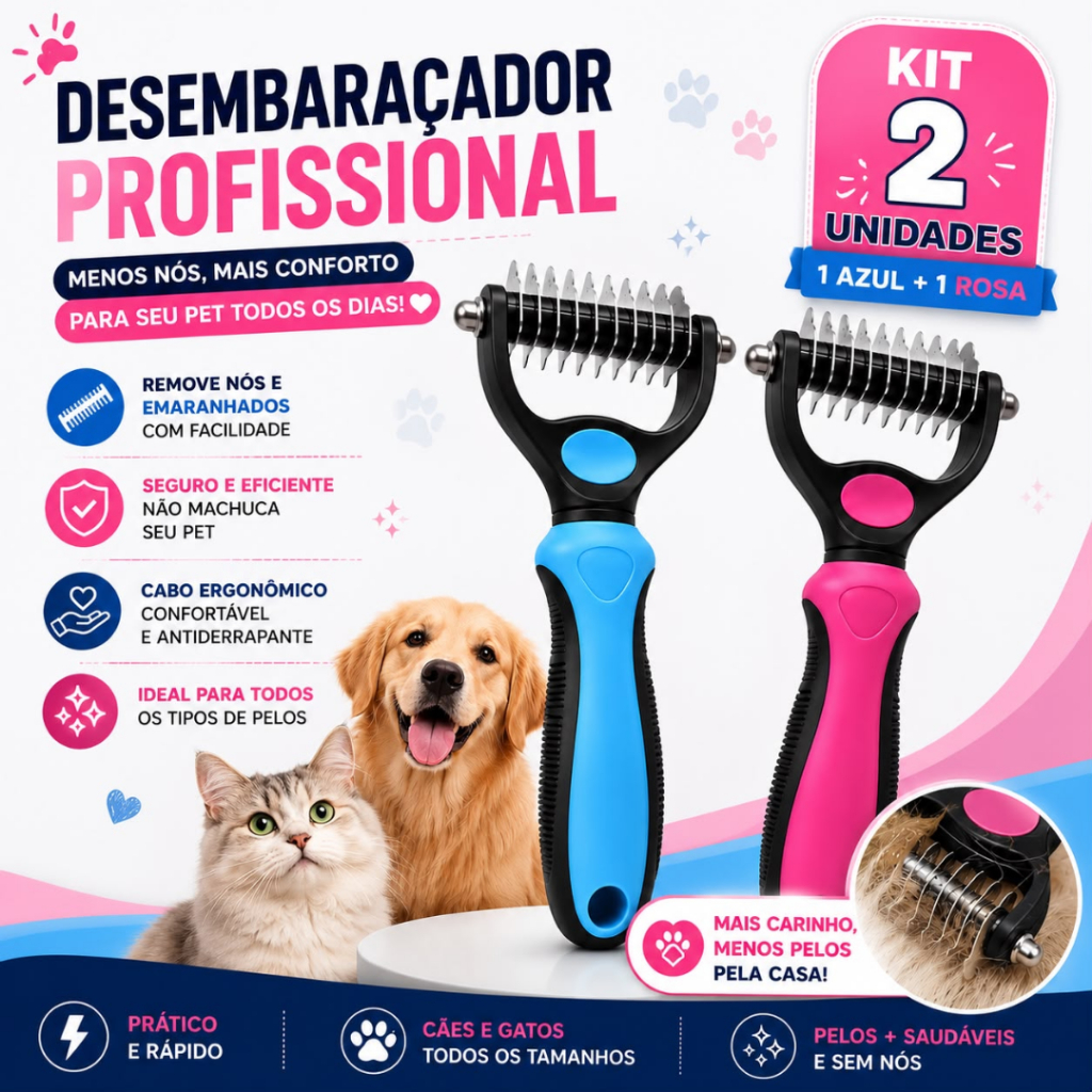 KIT 1 2 Escova Desembolador de Pelos Desembaraçador Profissional Pet Removedor de Nós Escova para Cães e Gatos Azul Rosa