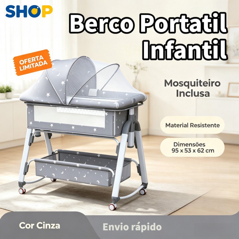 Cesta Moisés Portátil Cama Compartilhada com Rede Mosquiteira e Balanço | Cor Cinza - P18