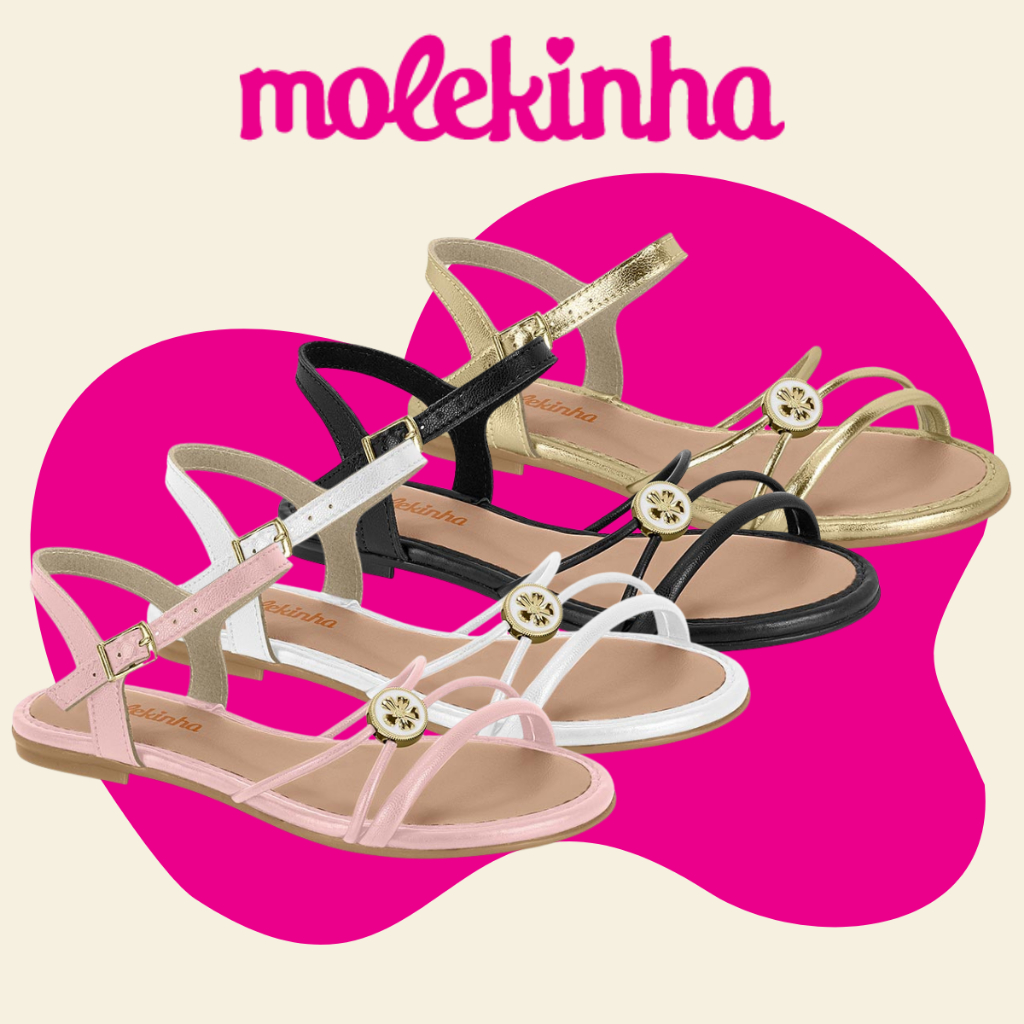 Sandália Feminina Molekinha Rasteirinha Confortável Salto Baixo Macio Ajustável Casual Elegante