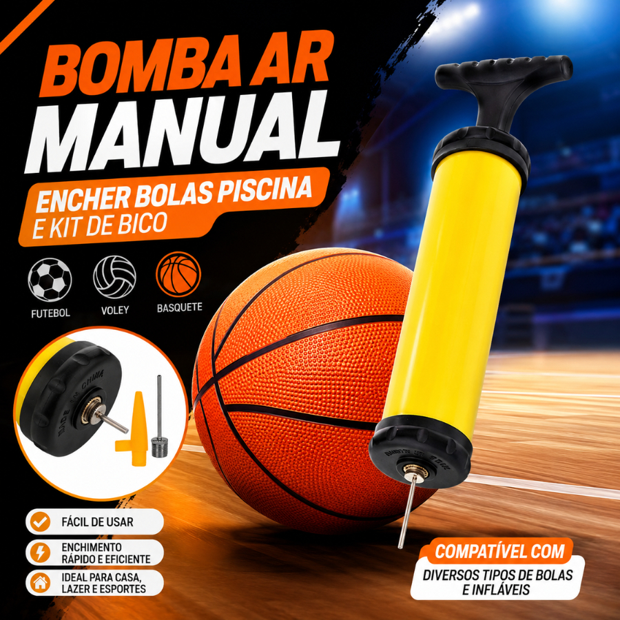Kit Bomba de Ar Manual Portátil Para Futebol Vôlei Basquete Boia Com Bicos + Bola De Basquete