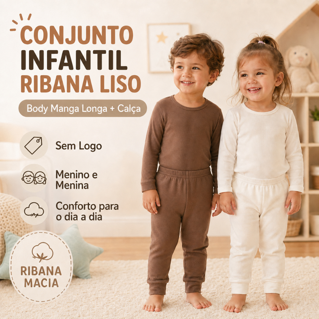 Conjunto Infantil Ribana Liso Body Manga Longa e Calça Bebê Menino Menina Sortido