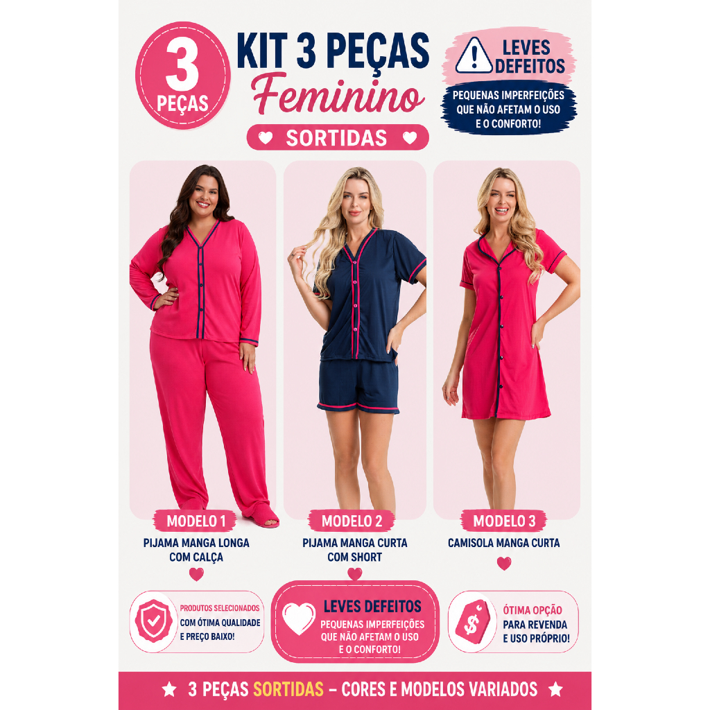 Kit 3 Pijamas Blogueirinha Leves Defeitos | com Botões em Malha Premium