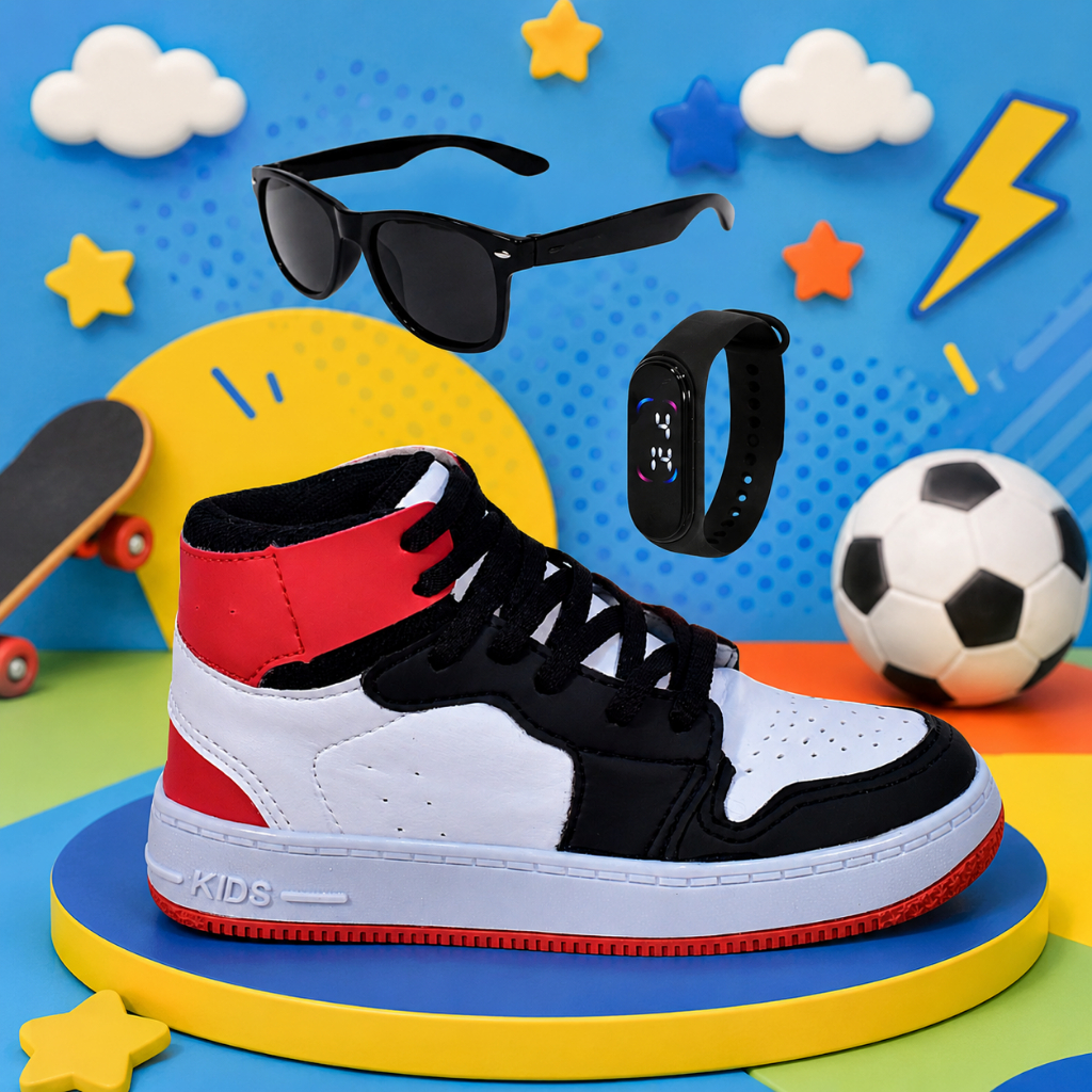 Tênis Infantil Masculino Botinha Cano Alto Meninos Escolar Passeio + Óculos Relógio
