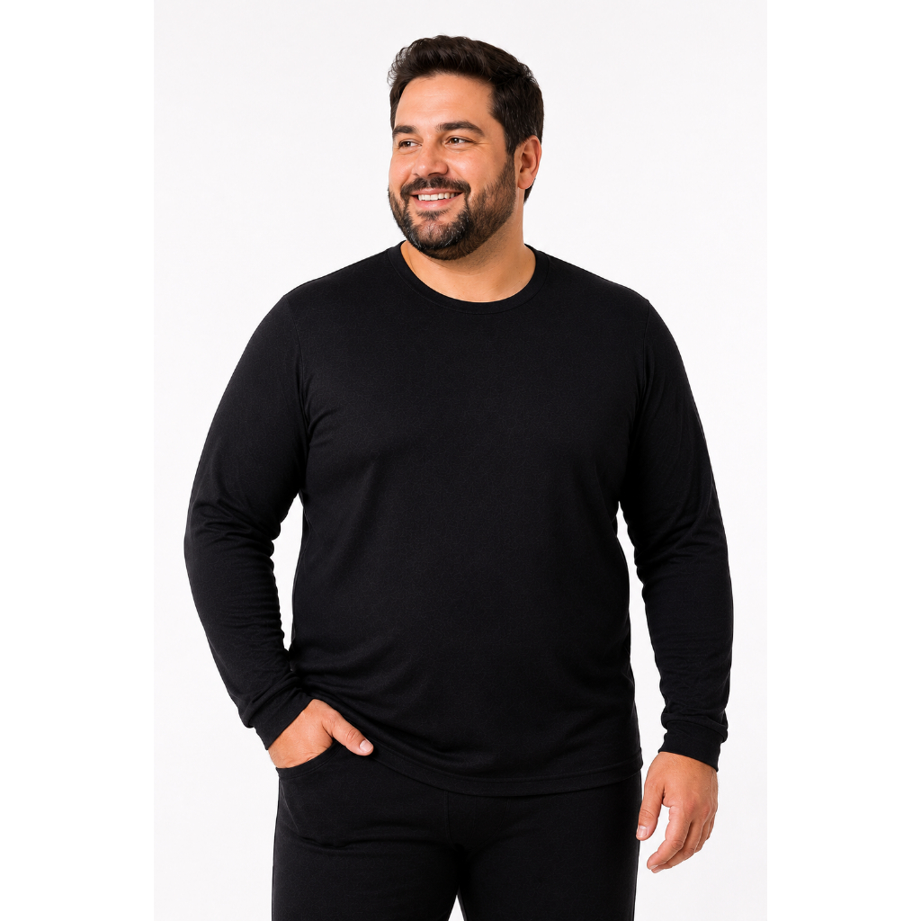 Blusa Térmica Masculina Plus Size Manga Longa Segunda Pele Inverno Costura Reforçada Preta G1 ao G6 Inverno