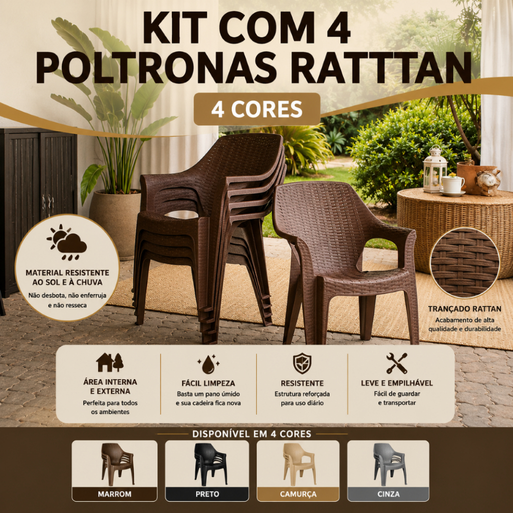 Kit 4 Cadeiras Poltrona Rattan Reforçada Empilhável Escritório Varanda Piscina Salão Jardim Lazer