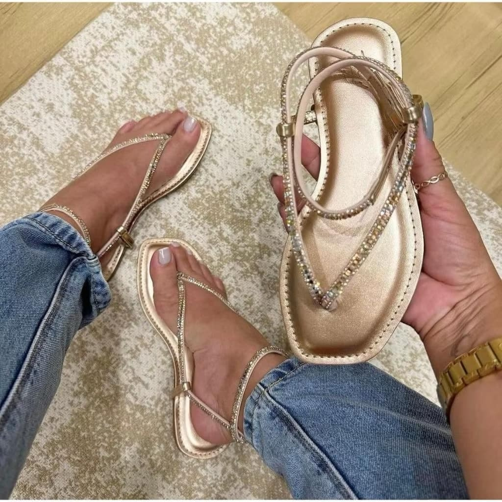 SANDÁLIA FEMININA DOURADA RASTEIRA COM TIRAS DE STRASS PROMOÇÃO