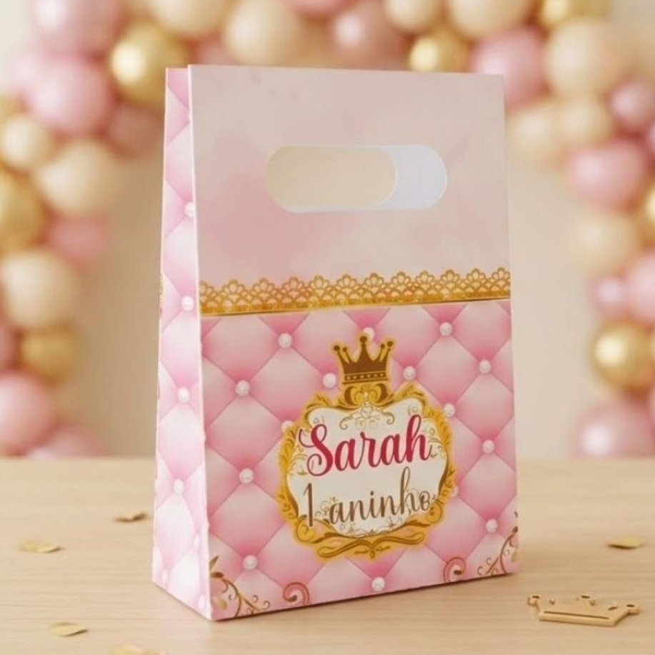 10 Sacolinhas Personalizadas Tema Realeza Rosa Princesa Lembrancinha Festa Infantil Pegue e Monte