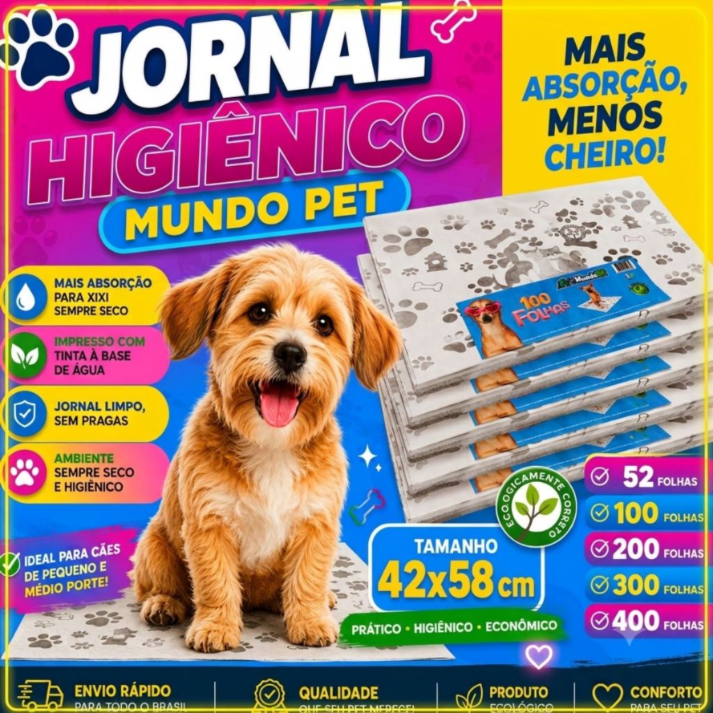 Jornal Biodegradável 52/100/200/300/400 Folhas Para Pet Atóxico - Cães, Gatos, Passarinho