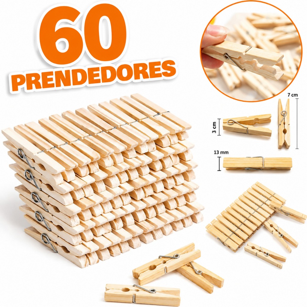 Kit 60 / 48 / 36 / 24 / 12  Prendedores de Roupa MADEIRA Mola de Aço Reforçada Alta Fixação Resistente para Varal