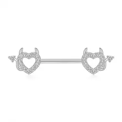 Kit 2 Piercing Mamilo Devil 14mm Coração vazado Zircônia cravejado diabinho Aço Feminino Delicado