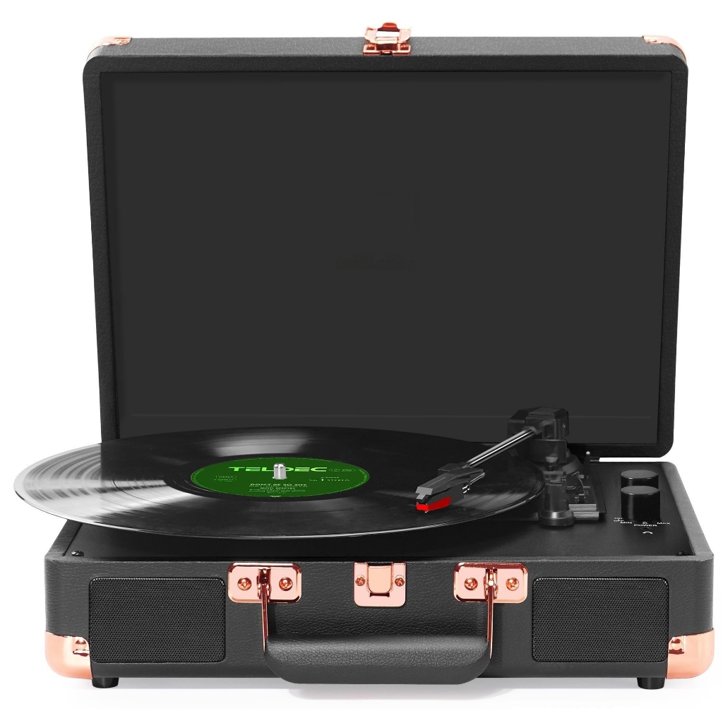 Toca-discos de vinil com alto-falantes, modelo retrô, acionamento por correia, prato giratório com 3 velocidades, reprod