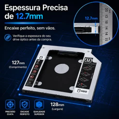 Case Caddy Gaveta Suporte Para HD Notebook Com Conector SATA E Adaptador Para SSD