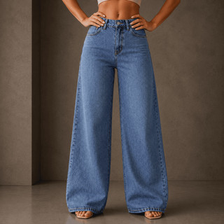 Calça Wide Leg Jeans Feminina Pantalona Cintura Alta