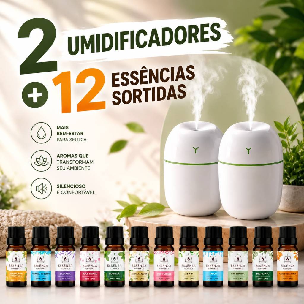 KIT ESSÊNCIAS 20ML + UMIDIFICADOR | AROMAS PARA CASA | PERFUME AMBIENTE