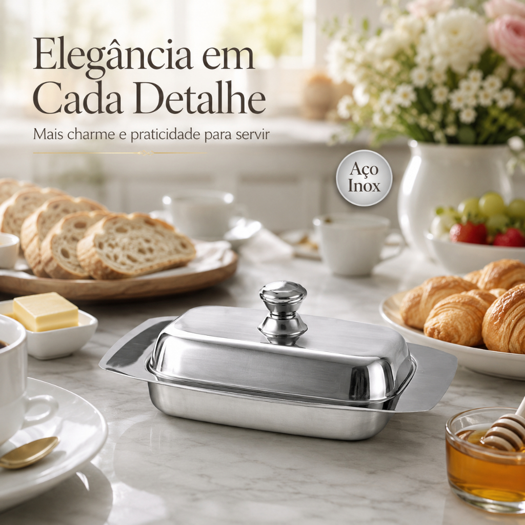 Manteigueira Aço Inox com Tampa Porta Manteiga Elegante Mesa Posta Café da Manhã Cozinha Servir