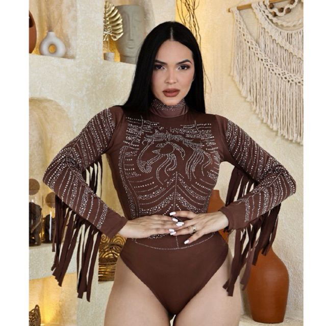 Body Boiadeira com Aplicação de Strass Cavalo Manga Longa Com Franja Suplex Moda Country — imagem 2 de 2