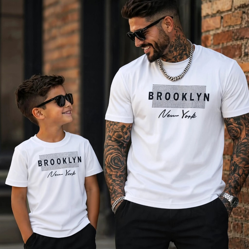 Kit Pai e Filho Camiseta Brooklyn Masculina Infantil 100% Algodão Casual Confortável Premium