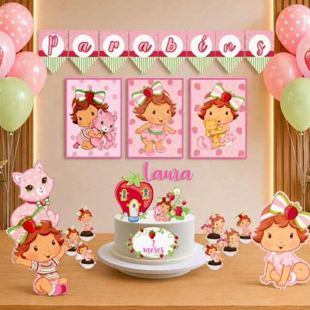 kit festa só um bolinho personalizado Moranguinho para mesversario/aniversario/decoracao pra foto