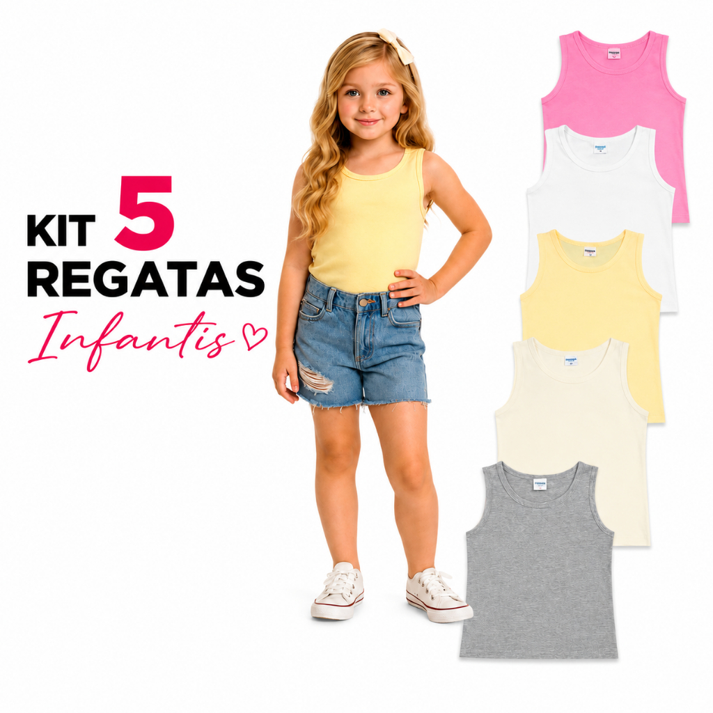 Kit 5 Blusas Infantil Menina Regata Tecido Cotton Verão Blusinhas Regatinhas Básicas Juvenil