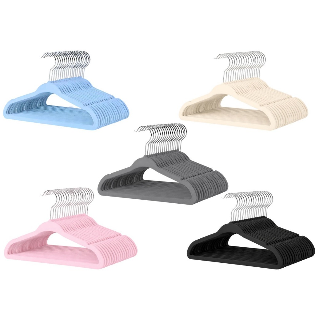 Kit 30 Cabides Infantis Baby de Veludo Antideslizante Azul, Rosa, Bege e Preto 29,5cm