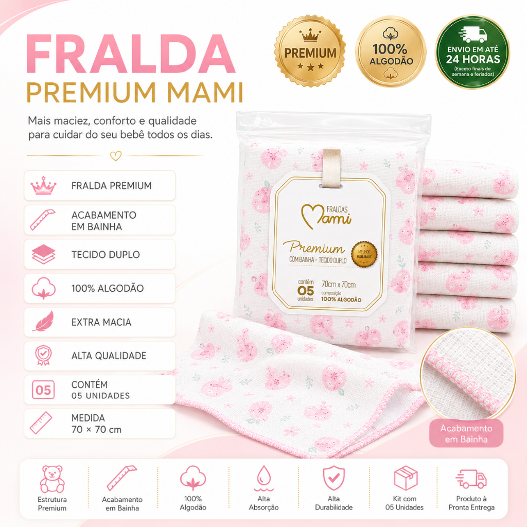 KIT 5 FRALDAS MAMI PREMIUM OU LUXO COM BAINHA 70x70cm