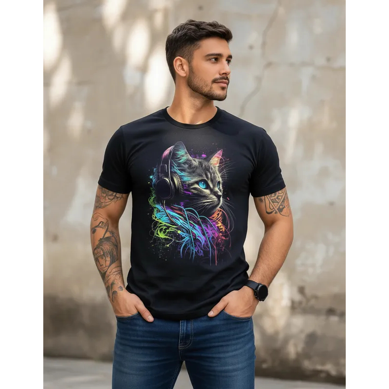 Camiseta Dj Gato Fone Music Camisa Musica Eletronica Neon Geek