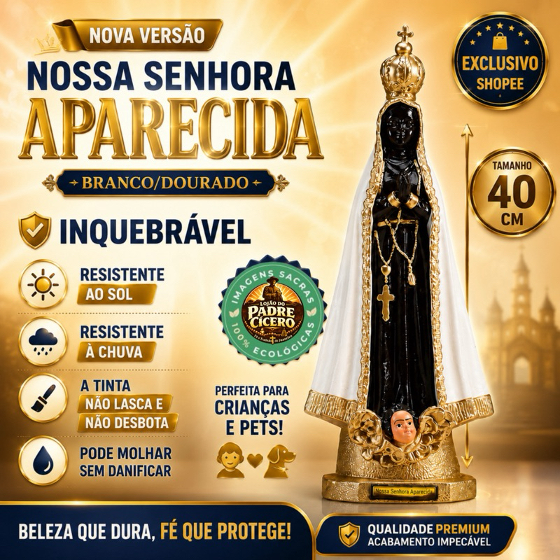 Imagem Nossa Senhora Aparecida Branca/Dourado 40cm inquebrável borracha